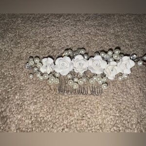 Set of 2 Bridal Floral Hair Combs – White Roses, Faux Pearls & Rhinestones
